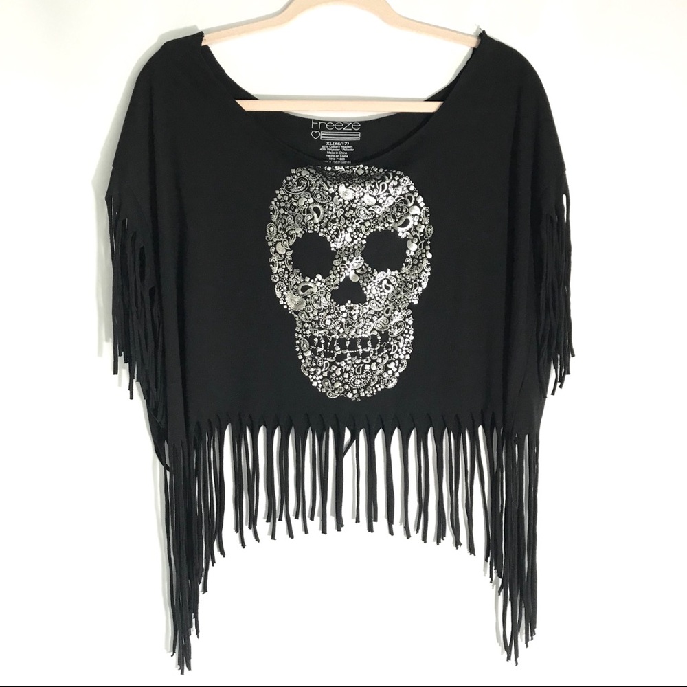 Sugar Skull Paisley Flower Fringe Crop Top XL (15/17) - Picture 1 of 5